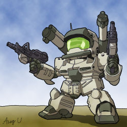 Rule 34 | artist request, chibi, dual wielding, gradient background, gun, guncannon, guncannon mp type, gundam, gundam side story: rise from the ashes, holding, lowres, mecha, no humans, outdoors, robot, sky, solo, weapon