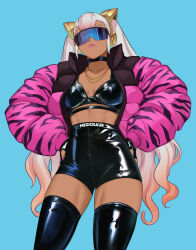 Rule 34 | 1girl, alternate costume, artist name, bead necklace, beads, black bra, black choker, black gloves, black shorts, black thighhighs, blue background, bra, breasts, choker, closed mouth, clothes writing, collarbone, commentary, covered eyes, cowboy shot, dark-skinned female, dark skin, english commentary, facing viewer, fingerless gloves, fire emblem, fire emblem heroes, gloves, gradient hair, hair ornament, hands on own hips, high-waist shorts, jacket, jewelry, laevatein (fire emblem), long hair, long sleeves, meziosaur, multicolored hair, necklace, nintendo, open clothes, open jacket, pink hair, pink jacket, pink nails, puffy sleeves, shiny clothes, short shorts, shorts, simple background, small breasts, solo, sunglasses, thighhighs, twintails, underwear, very long hair, wrap-around shades