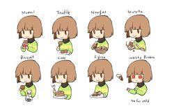 Rule 34 | androgynous, bad id, bad twitter id, bon bon, bread, brown eyes, brown hair, butter knife, cake, candy, chara (undertale), chocolate, chocolate bar, chocolate cake, chocolate covered, chocolate tart, english text, food, gender request, misha (hoongju), multiple views, nougat, nutella, red eyes, scarf, shirt, spoilers, striped clothes, striped shirt, undertale