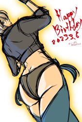 Rule 34 | 1girl, angel (kof), ass, blue eyes, butt crack, happy birthday, highres, huge ass, jacket, legs, looking at viewer, looking back, midriff, seductive smile, short hair, smile, snk, solo, the king of fighters, thighs, white hair