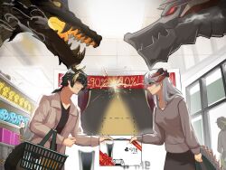Rule 34 | 1boy, 1girl, arknights, black hair, casual, chong yue (arknights), dragon, dragon horns, dragon tail, fangs, game console, grey hair, grey sweater, horns, jacket, lee (arknights), playstation 5, saria (arknights), shopping basket, stare down, supermarket, sweater, tail, tofudofu