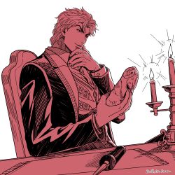 Rule 34 | artist name, candle, candlestand, chair, dated, dio brando, formal, hand on own chin, holding, jojo no kimyou na bouken, kuren, male focus, monochrome, red theme, solo, stone mask (jojo), stroking own chin, table