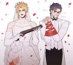 Rule 34 | 2boys, alternate hairstyle, black pants, blonde hair, blood, blood on clothes, blue eyes, blue hair, bound, bound arms, bridal veil, closed mouth, commentary request, crossdressing, dio brando, dress, elbow gloves, flower, formal, gag, gloves, green lips, gun, hako iix07, holding, holding gun, holding weapon, husband and husband, improvised gag, jacket, jewelry, jojo no kimyou na bouken, jonathan joestar, long hair, long sleeves, looking at another, male focus, multiple boys, muscular, muscular male, pants, petals, phantom blood, red eyes, red flower, see-through, see-through dress, shirt, short hair, shotgun, smile, standing, stardust crusaders, strapless, strapless dress, tape, tape gag, veil, weapon, wedding dress, white dress, white gloves, white jacket, white shirt, yaoi