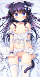 Rule 34 | 1girl, animal ears, apron, bare shoulders, bed sheet, black hair, blue choker, blue eyes, blue panties, blush, braid, breasts, cat ears, cat girl, cat tail, censored, chestnut mouth, choker, clothes pull, collarbone, commentary request, frilled apron, frills, groin, hair between eyes, lace-trimmed choker, lace trim, long hair, looking at viewer, lying, maid, mosaic censoring, navel, nipples, off-shoulder shirt, off shoulder, on back, original, panties, parted lips, plaid, plaid panties, pussy, sample watermark, sasai saji, shirt, shirt pull, side-tie panties, small breasts, solo, tail, thighhighs, twin braids, underwear, untied panties, unworn panties, very long hair, waist apron, watermark, white apron, white shirt, white thighhighs