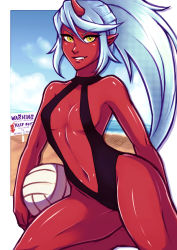 Rule 34 | 1girl, ball, beach, blue hair, breasts, center opening, cleavage, colored skin, day, demon girl, english text, fang, holding, holding ball, horns, iahfy, kneesocks (psg), looking at viewer, medium breasts, navel, panty &amp; stocking with garterbelt, pointy ears, ponytail, red skin, shiny skin, sign, single horn, slingshot swimsuit, slit pupils, solo, swimsuit, thighs, volleyball (object), yellow eyes
