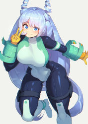 Rule 34 | 1girl, absurdres, blue bodysuit, blue eyes, blue hair, bodysuit, boku no hero academia, breasts, chromatic aberration, commentary request, drill hair, gloves, green bodysuit, hadou nejire, highres, large breasts, light blue hair, long hair, looking at viewer, pepper0, simple background, skin tight, smile, solo, v, very long hair, white background, white bodysuit, yellow gloves
