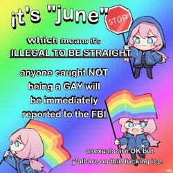 Rule 34 | 1girl, arknights, blue eyes, blue hoodie, blue poison (arknights), blush, bright pupils, chibi, chibi only, closed mouth, commentary, english text, flag, full body, gradient background, hair between eyes, highres, holding, holding flag, holding sign, hood, hood down, hood up, hoodie, lgbt pride, long hair, long sleeves, looking at viewer, meme, multicolored background, multiple views, open mouth, pink hair, rainbow background, rainbow flag, road sign, ruri (dailybloopy), sign, smile, standing, stop sign, symbol-only commentary, upper body, white pupils