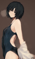 Rule 34 | 1girl, amagami, arms behind back, artist name, bare back, black hair, black one-piece swimsuit, blue one-piece swimsuit, breasts, breath, brown background, brown eyes, closed mouth, commentary, competition swimsuit, cowboy shot, expressionless, from side, gradient background, hair between eyes, light blush, looking at viewer, looking to the side, messy hair, nanasaki ai, one-piece swimsuit, shirt, unworn shirt, short hair, small breasts, solo, swimsuit, swimsuit under clothes, tenpanco, two-tone swimsuit, undressing, white shirt