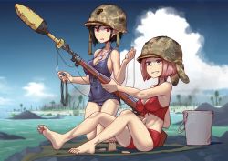 Rule 34 | 2girls, ammunition, bikini, black hair, blue sky, blue one-piece swimsuit, bob cut, breasts, bucket, casual one-piece swimsuit, clip (weapon), cloud, covered navel, day, erica (naze1940), explosive, grenade, gun, helmet, highres, holding, holding gun, holding weapon, large breasts, medium breasts, multiple girls, navel, one-piece swimsuit, original, outdoors, pink hair, red bikini, red eyes, rifle, rifle grenade, short hair, sky, swimsuit, weapon