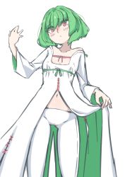 Rule 34 | 1girl, bare shoulders, blush, bob cut, bright pupils, cameltoe, closed mouth, collarbone, covered erect nipples, dress, female focus, flat chest, green hair, hand up, highres, leggings, long sleeves, looking at viewer, m3 (gardevoir m3), navel, off-shoulder dress, off shoulder, open clothes, open dress, original, red eyes, short hair, sidelocks, simple background, solo, standing, stomach, white background, white dress, white leggings, white pupils