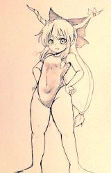 Rule 34 | 1girl, alternate costume, bare legs, barefoot, bow, breasts, commentary request, competition swimsuit, covered navel, d-m (dii emu), eyelashes, foot out of frame, full body, greyscale, hair bow, hand on own hip, ibuki suika, long hair, looking at viewer, monochrome, one-piece swimsuit, open mouth, sketch, standing, swimsuit, touhou, traditional media, very long hair