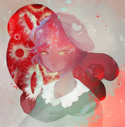 Rule 34 | 1girl, blob, blouse, bullet hole, commentary request, expressionless, flower, hairband, heart, highres, komeiji satori, looking afar, looking at viewer, looking down, paint splatter, pink hair, shirt, short hair, solo, sunflower, touhou, transparent, tsukamoto anabone, upper body
