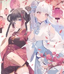 2girls blue_hair borrowed_design brown_hair bun_cover chinese_clothes commentary_request detached_sleeves double_bun flower hair_bun highres lantern lize_helesta long_hair multiple_girls nijisanji paper_lantern partial_commentary pink_eyes purple_eyes red_flower red_nails smile tsukino_mito tsukino_mito_(china_dress) two_side_up virtual_youtuber white_hair yuzuriha_(nx_e78)