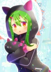 Rule 34 | 1girl, :o, black jacket, blush, commentary request, commission, copyright request, fake horns, green hair, hair between eyes, hood, hood up, hooded jacket, horned hood, horns, jacket, kou hiyoyo, long hair, long sleeves, looking at viewer, parted lips, puffy long sleeves, puffy sleeves, red eyes, sidelocks, skeb commission, sleeves past wrists, solo, upper body