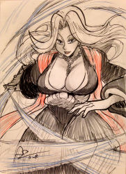 Rule 34 | 1girl, afterimage, alex ahad, bleach, blue eyes, breasts, chain, cleavage, hagoromo, huge breasts, japanese clothes, lipstick, long hair, makeup, matsumoto rangiku, mole, mole under mouth, no bra, partially colored, shawl, solo, sword, weapon