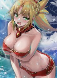 Rule 34 | 1girl, alternate breast size, bandeau, bare shoulders, beach, blonde hair, blue sky, blush, braid, breasts, cleavage, detached collar, detached sleeves, fate/apocrypha, fate/grand order, fate (series), french braid, green eyes, highres, large breasts, leaning forward, long hair, looking at viewer, mordred (fate), mordred (fate/apocrypha), navel, ocean, open mouth, parted bangs, ponytail, sidelocks, sky, solo, suishougensou, thighs, wading, wet