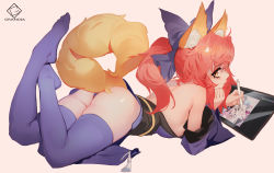 Rule 34 | 1girl, absurdres, animal ears, artist name, ass, bare shoulders, blush, bow, breasts, brown eyes, closed mouth, commentary request, creatures (company), detached sleeves, drawing, drawing tablet, fate (series), feet, feet up, fox ears, fox girl, fox tail, from behind, from side, full body, game freak, gen 7 pokemon, gen 8 pokemon, gloria (pokemon), grandia lee, hair bow, highres, holding, holding stylus, japanese clothes, kimono, long hair, long sleeves, looking at viewer, looking back, lying, marnie (pokemon), medium breasts, mimikyu, nessa (pokemon), nintendo, on stomach, pink background, pokemon, pokemon (creature), pokemon swsh, purple bow, purple kimono, purple thighhighs, short kimono, sideboob, simple background, sobble, solo, stylus, tail, tamamo (fate), tamamo no mae (fate/extra), thighhighs, thong