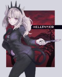 Rule 34 | 1girl, ass, black jacket, black necktie, black pants, black tail, breasts, business suit, collared shirt, demon girl, demon horns, demon tail, formal, hair ornament, hand on own hip, helltaker, highres, holding, holding knife, holding weapon, horns, jacket, knife, long hair, long sleeves, looking at viewer, looking to the side, lucifer (helltaker), medium breasts, mole, mole under eye, monster girl, necktie, neckwear request, pale skin, pants, pink eyes, red shirt, shirt, smile, smirk, solo, suit, tail, tyobi5496, very long hair, weapon, white hair, white horns