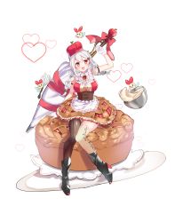 Rule 34 | 1girl, :d, absurdres, apple hair ornament, apple pie, armband, asymmetrical legwear, bad id, bad pixiv id, black footwear, breasts, brown legwear, cleavage, dress, food-themed clothes, food-themed hair ornament, fruits fulcute!, gloves, hair ornament, heart, highres, large breasts, long hair, mixing bowl, open mouth, personification, print legwear, punya, red eyes, red headwear, ringo (fruits fulcute!), sitting, sleeveless, smile, solo, transparent background, uneven legwear, whisk, white gloves, white legwear