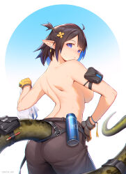 1girl absurdres arknights arm_pouch ass back blue_background blue_eyes blue_hair blush breasts brown_pants closed_mouth clothing_cutout commentary_request cowboy_shot earrings eunectes_(arknights) eunectes_(forgemaster)_(arknights) gloves gradient_background hair_ornament hand_on_own_hip highres jewelry large_breasts looking_at_viewer looking_back lunn multicolored_hair official_alternate_costume one_side_up pants pantylines pencil pointy_ears short_hair sideboob snake_tail solo spray_can sweat tail tail_through_clothes topless two-tone_gloves two-tone_hair unworn_bikini_top white_background yellow_gloves