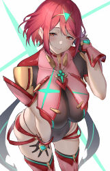 Rule 34 | 1girl, absurdres, bodysuit, breast press, breasts, chest jewel, earrings, fingerless gloves, gloves, highres, jewelry, large breasts, looking at viewer, pyra (xenoblade), red eyes, red hair, short hair, skysign ft, smile, solo, swept bangs, thighhighs, tiara, xenoblade chronicles (series), xenoblade chronicles 2