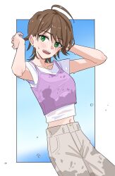 Rule 34 | absurdres, arms behind head, awakened miki, blue background, brown hair, earrings, epitaph (1122), green eyes, highres, hoshii miki, idolmaster, idolmaster (classic), jewelry, khaki pants, looking at viewer, midriff peek, navel, open mouth, pants, shirt, short hair, simple background, smile, tank top, wet, wet clothes, white shirt