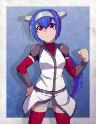 Rule 34 | 1girl, annoyed, arm warmers, armor, blue hair, bracer, chuunioniika, clenched hands, crosscode, hair between eyes, hand on own hip, helmet, highres, jacket, lea (crosscode), looking at viewer, pauldrons, ponytail, raised fist, red eyes, red thighhighs, shorts, shorts under skirt, shoulder armor, sidelocks, solo, standing, thighhighs, two-tone background