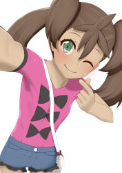 Rule 34 | 1girl, absurdres, bag, between breasts, blush, breasts, brown hair, closed mouth, commentary request, creatures (company), eyelashes, flat chest, game freak, green eyes, grey shorts, hair between eyes, highres, long hair, looking at viewer, nintendo, pink shirt, pokemon, pokemon xy, prophecy (rakuichimonji), shauna (pokemon), shirt, short sleeves, shorts, shoulder bag, smile, solo, strap between breasts, twintails, white bag