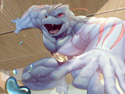 Rule 34 | blue skin, colored skin, commentary request, creatures (company), fangs, game freak, gen 1 pokemon, glowing, glowing eyes, highres, light beam, machoke, muscular, nintendo, open mouth, pokemon, pokemon (creature), red eyes, rio (user nvgr5434), signature, solo, thighs, tongue, veins, water drop, watermark