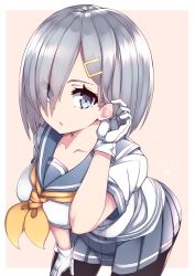 Rule 34 | 10s, 1girl, black pantyhose, blue eyes, breasts, eyes visible through hair, gloves, hair ornament, hair over one eye, hairclip, hamakaze (kancolle), highres, kantai collection, large breasts, looking at viewer, mku, pantyhose, pleated skirt, school uniform, serafuku, short hair, silver hair, skirt, solo, white gloves