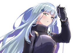Rule 34 | 1girl, 3 small spiders, :o, black gloves, blue hair, blush, breasts, crossed bangs, from above, girls&#039; frontline, gloves, green eyes, hand up, hk416 (girls&#039; frontline), long hair, looking at viewer, medium breasts, open mouth, shadow, solo focus, tactical clothes, teardrop facial mark, teardrop tattoo, uniform, upper body, white background