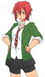 Rule 34 | 1girl, aizawa tomo, bike shorts, brown eyes, eroe, fang, hands on own hips, looking at viewer, open mouth, pleated skirt, red hair, school uniform, short hair, shorts under skirt, sile, simple background, skirt, solo, tomboy, tomo-chan wa onna no ko, white background
