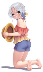 Rule 34 | 1girl, barefoot, blue shorts, blush, brown eyes, dated, dd (ijigendd), feet, glasses, grey hair, hat, highres, hirato (kancolle), holding, holding clothes, holding hat, kantai collection, kneeling, official alternate costume, open mouth, round eyewear, short hair, shorts, signature, simple background, solo, twitter username, unworn hat, unworn headwear, white background