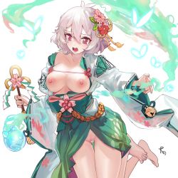 Rule 34 | 1girl, alternate breast size, antenna hair, ass, bare shoulders, barefoot, bell, breasts, breasts out, collarbone, crying, crying with eyes open, cum, cum in pussy, cumdrip, elf, flower, gluteal fold, green kimono, hair flower, hair ornament, highres, hitodama, japanese clothes, kimono, kokkoro (new year) (princess connect!), kokkoro (princess connect!), leaf hair ornament, medium breasts, nipples, off shoulder, open mouth, pink eyes, pointy ears, princess connect!, prossss, pussy, short hair, sidelocks, silver hair, solo, tearing up, tears, thighs, wand, wide sleeves