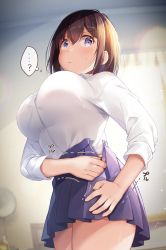 Rule 34 | 1girl, ?, blue eyes, blue skirt, blurry, blurry background, blush, breasts, brown hair, closed mouth, collared shirt, commentary request, crossed bangs, curtains, hair ornament, highres, large breasts, lens flare, original, pleated skirt, school uniform, shiro kuma shake, shirt, shirt tucked in, skirt, solo, standing, thighs, thought bubble, v-shaped eyebrows, white shirt, window, zipping