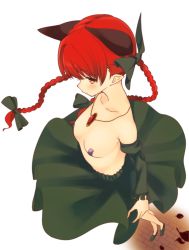 Rule 34 | 1girl, animal ears, bad perspective, braid, breasts, cat ears, collarbone, detached sleeves, extra ears, foreshortening, from above, highres, jewelry, juliet sleeves, kaenbyou rin, long hair, long sleeves, necklace, pasties, pendant, poorly drawn, puffy sleeves, red eyes, red hair, skirt, solo, topless, touhou, twin braids, zuttokodomo