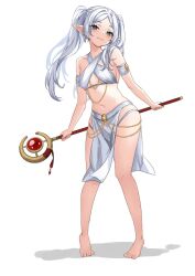 Rule 34 | 1girl, :3, armband, bare shoulders, barefoot, blush, breasts, chain, collarbone, commentary, criss-cross halter, earrings, elf, english commentary, frieren, full body, green eyes, halterneck, head tilt, highres, holding, holding staff, jewelry, long hair, long pointy ears, looking at viewer, mage staff, midriff, navel, parted bangs, pelvic curtain, pointy ears, shadow, sidelocks, simple background, solo, sousou no frieren, staff, standing, stomach, ten-chan (eternal s), tiptoes, twintails, white armband, white background, white hair