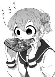 Rule 34 | 1girl, 4shi, bags under eyes, commentary request, dango-chan (4shi), eating, food, food on face, greyscale, hair bun, hands up, highres, holding, holding food, holding pizza, hollow eyes, long sleeves, monochrome, neckerchief, original, pizza, sailor collar, school uniform, serafuku, shirt, short hair, simple background, solo, steam, translation request, upper body