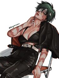 Rule 34 | 1girl, arm at side, artist name, bandage over one eye, belt, black bra, black jacket, black pants, bra, breasts, burn scar, chair, closed mouth, collarbone, cowboy shot, folding chair, from side, green hair, half-closed eyes, hand up, head tilt, highres, jacket, jacket on shoulders, jujutsu kaisen, leaning back, looking at viewer, medium breasts, one eye covered, pants, round eyewear, scar, scar on arm, scar on face, short hair, simple background, sitting, solo, underwear, white background, yellow eyes, zen&#039;in maki, zu yuan cesar
