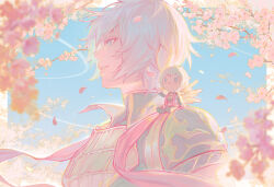 Rule 34 | 1boy, armor, bishounen, blue sky, breastplate, cherry blossoms, chibi, commentary, falling petals, floating hair, floating scarf, from side, granblue fantasy, hair between eyes, highres, light smile, lucifer (shingeki no bahamut), male focus, messy hair, parted lips, petals, popped collar, portrait, red scarf, scarf, shingeki no bahamut, short hair, shoulder armor, sky, solo focus, tekki (tki), tree, turtleneck