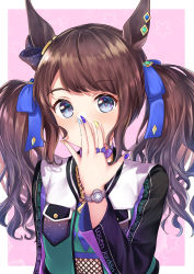 Rule 34 | 1girl, absurdres, animal ears, black bow, blue bow, blue nails, bow, brown hair, brown nails, chain, closed mouth, commentary request, ear bow, fishnets, green shirt, hair bow, hand up, highres, horse ears, jacket, long hair, long sleeves, looking at viewer, multicolored nails, nail polish, open clothes, open jacket, pink background, pizza (pizzania company), shirt, smile, solo, star (symbol), starry background, tosen jordan (umamusume), twintails, two-tone background, umamusume, upper body, watch, white background, wristwatch, yellow nails