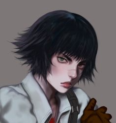 Rule 34 | 1girl, black hair, brown gloves, closed mouth, collared shirt, devil may cry, devil may cry (series), devil may cry 3, from side, gloves, green eyes, grey background, heterochromia, highres, lady (devil may cry), lipstick, looking at viewer, looking to the side, makeup, portrait, red eyes, red lips, rye (hyn uka), sanpaku, scar, scar on face, scar on nose, shirt, short hair, simple background, solo, unfinished, white shirt, wing collar