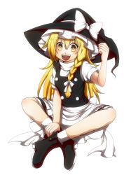 Rule 34 | 1girl, apron, black dress, black footwear, blonde hair, boots, bow, braid, butterfly sitting, dress, full body, hair bow, happy, hat, hat bow, highres, kirisame marisa, long hair, looking at viewer, open mouth, puffy short sleeves, puffy sleeves, sash, shirt, short sleeves, simple background, single braid, sitting, skirt, skirt set, smile, socks, solo, touhou, turtleneck, vest, waist apron, white background, white socks, witch, witch hat, yellow eyes