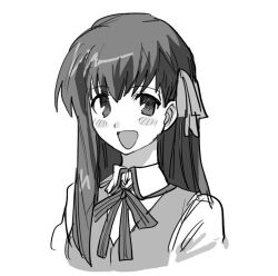 Rule 34 | 1girl, :d, blush, bnna-0208, collared shirt, fate/stay night, fate (series), greyscale, hair ribbon, homurahara academy school uniform, long hair, looking at viewer, matou sakura, monochrome, neck ribbon, open mouth, retro artstyle, ribbon, school uniform, shirt, simple background, smile, solo, upper body, vest, wing collar