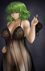 Rule 34 | 1girl, babydoll, bare arms, bare shoulders, black panties, breasts, cleavage, collarbone, covered navel, green hair, groin, holding, holding clothes, holding underwear, kazami yuuka, lace, lace-trimmed panties, lace trim, large breasts, looking at viewer, ototarou, panties, unworn panties, red eyes, see-through, solo, touhou, underwear