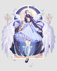 Rule 34 | 1girl, :o, absurdres, ahoge, black footwear, black hair, blue bow, blue dress, blue eyes, blue headwear, blush, bonnet, bow, candle, character request, cloud, commentary request, dress, feathered wings, feathers, fire, full body, full moon, grey background, high heels, highres, hugging object, long hair, long sleeves, looking at viewer, mary janes, moon, multiple wings, night, night sky, panilla the revival, parted lips, puffy long sleeves, puffy sleeves, sakura shiho, shoes, sky, sleeves past wrists, solo, standing, standing on one leg, star (sky), starry sky, stuffed horse, thighhighs, very long hair, white feathers, white thighhighs, white wings, window, wings