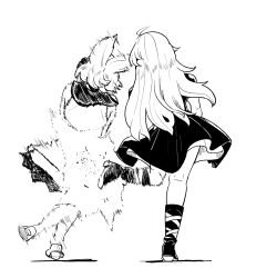 2girls chisato_and_takina_kicking_each_other&#039;s_butt_(meme) full_body greyscale highres hijiri_byakuren kicking lycoris_recoil meme monochrome multiple_girls nekobatake simple_background touhou toyosatomimi_no_miko white_background