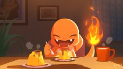 Rule 34 | arm behind head, artist name, blush, charmander, closed eyes, commentary request, creatures (company), cup, fangs, fire, fire, flame-tipped tail, game freak, gen 1 pokemon, highres, holding, mug, nintendo, open mouth, photo (object), plate, pokemon, pokemon (creature), smile, solo, tongue, uno yuuji, watermark, web address