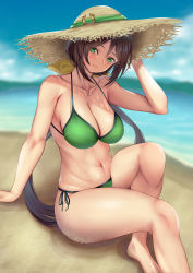 Rule 34 | 1girl, bare arms, bare shoulders, barefoot, beach, bikini, blue sky, blurry, blurry background, breasts, brown hair, cleavage, cloud, collarbone, commentary request, day, foot out of frame, green bikini, green eyes, hair ribbon, hand up, hat, hayakawa tazuna, highres, large breasts, long hair, low ponytail, navel, outdoors, partial commentary, ribbon, side-tie bikini bottom, sitting, sky, solo, stomach, sun hat, swimsuit, thighs, tsukareme, umamusume, very long hair, water, yellow ribbon