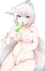 Rule 34 | 1girl, absurdres, animal ear fluff, animal ears, azur lane, bare shoulders, bikini, blue eyes, breasts, collarbone, commentary, commentary request, dated commentary, eating, food, food in mouth, food on body, food on breasts, fox ears, fox girl, fox tail, hair between eyes, highres, holding, holding food, kaga (azur lane), large breasts, looking at viewer, multiple tails, open mouth, popsicle, samip, short hair, solo, stomach, swimsuit, tail, white background, white bikini, white hair